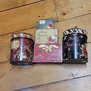 Metal tins with lids, 5 pc set of vintage christmas holiday